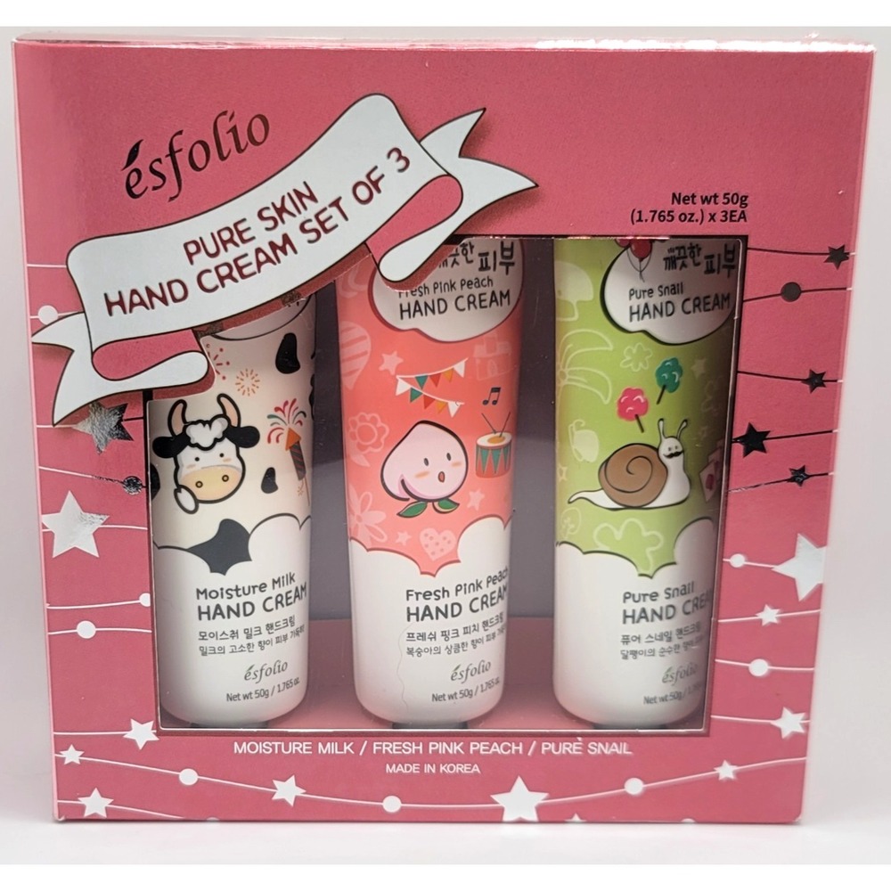 Esfolio Hand Cream Set of 3-- Moisture Milk, Fresh Pink Peach, Pure Snail, NIB